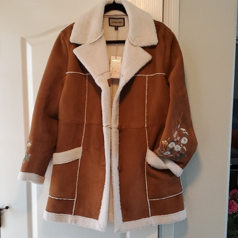 Johnny Was Gorgeous Suede Brown Jacket with faux shearling lining